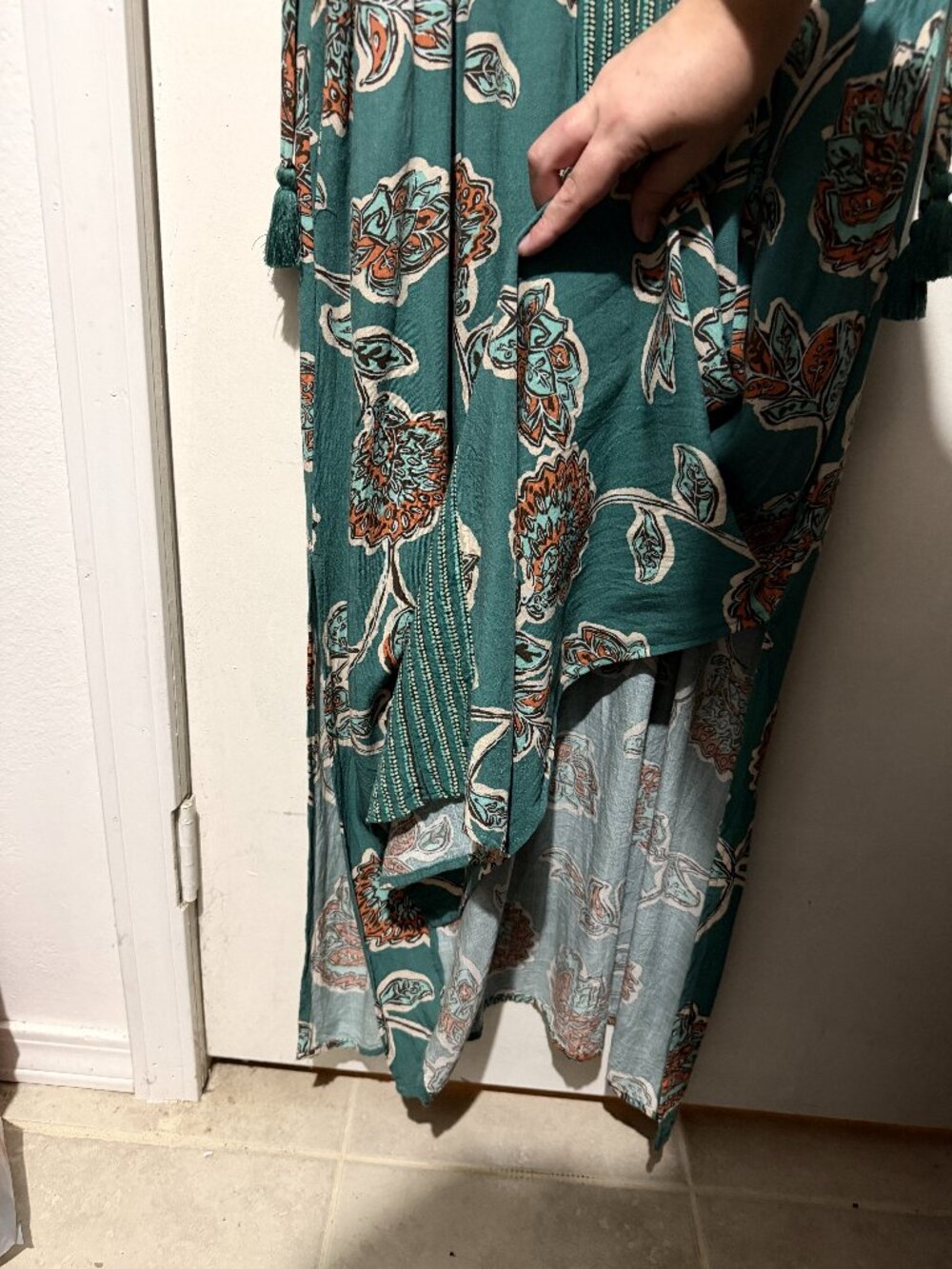 Boho Floral Teal Smocked V-Neck Kaftan Maxi Dress w/Tassels & Pockets - Picture 9 of 9